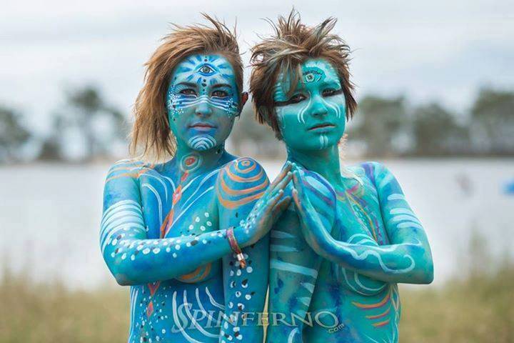 Psychedelic body painting girls in blue