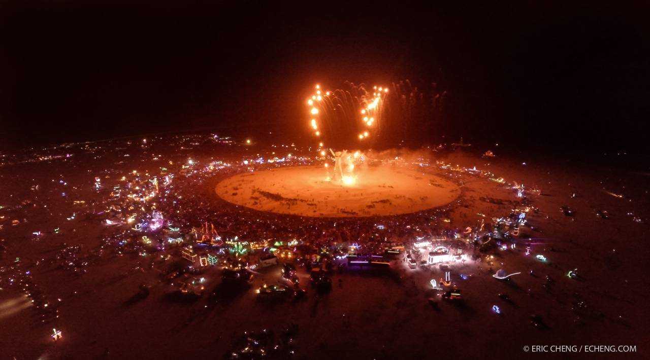 Aerial shot of The Man burn at Burning Man 2014. Screengrab from livestream video shot with DJI Phantom 2 and GoPro 3+ Black, beamed back to webcast1 via DJI Lightbridge. Burning Man 2014.